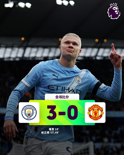 曼城3-0曼联 哈兰德双响 福登破门 多库两助