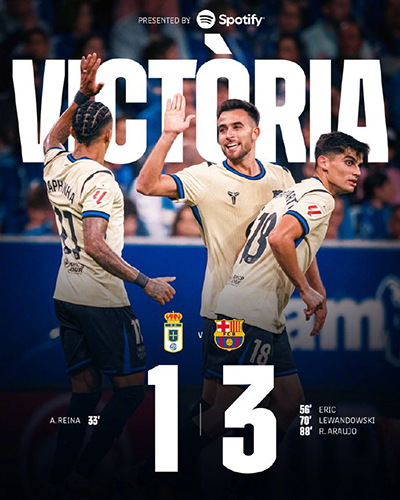 联赛三连胜达成！巴萨3-1客胜奥维耶多，莱万替补建功锁定胜局