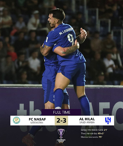 纳萨夫2-3惜败利雅得新月 特奥一条龙破门 米林科维奇传射