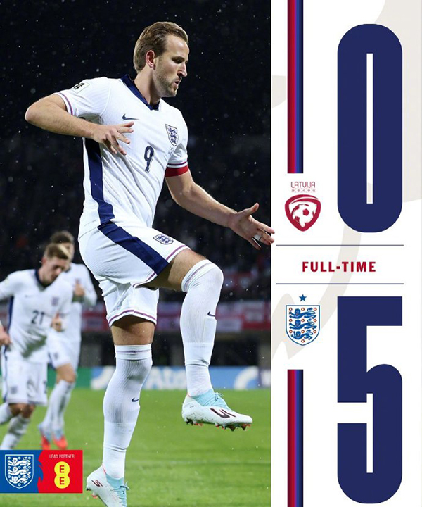 英格兰5-0大胜拉脱维亚提前锁定小组头名 凯恩双响
