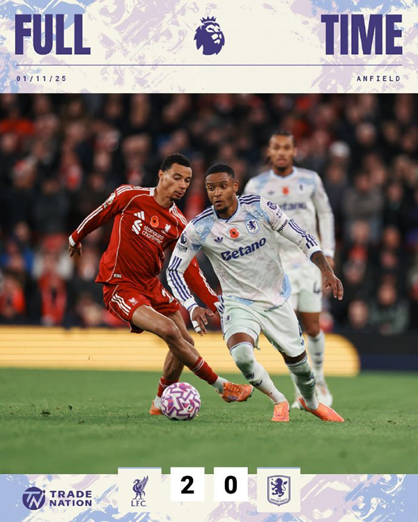 利物浦2-0维拉 大马丁送大礼 萨拉赫打破僵局