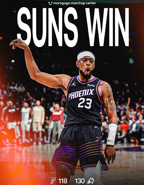 太阳130-118送马刺赛季首败,文班14中4&9+9+6失误,布克28+13