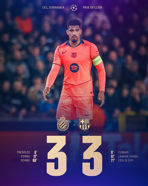 亚马尔破门+造乌龙 弗尔芒绝杀被吹 巴萨三次扳平3-3布鲁日