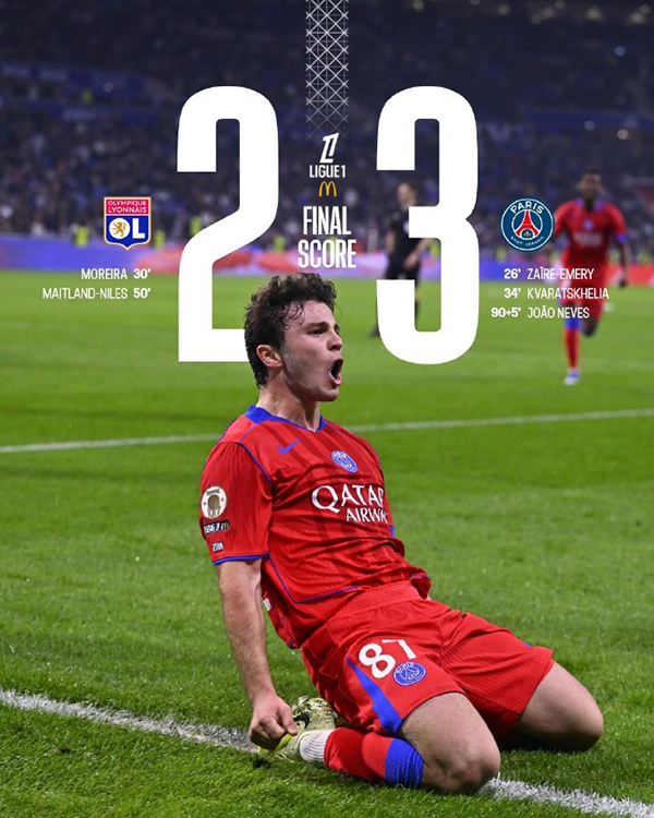 巴黎客场3-2里昂 埃梅里、KK破门，内维斯补时绝杀
