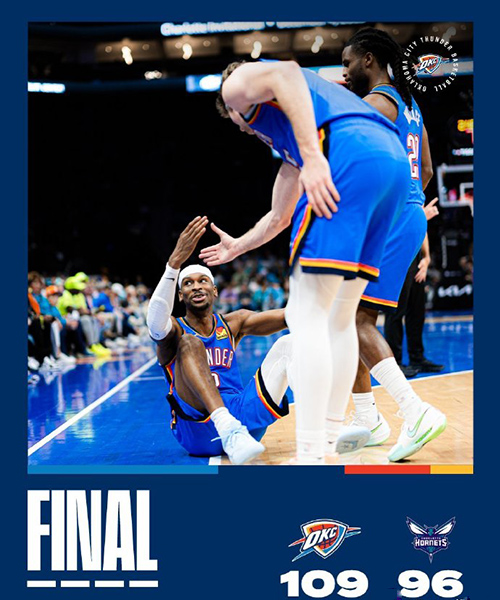 雷霆109-96胜黄蜂迎5连胜,SGA三节33+7 霍姆格伦25+8