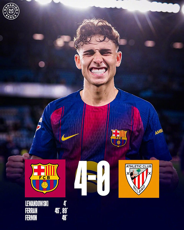 莱万费兰破门亚马尔2助攻 巴萨4-0毕尔巴鄂竞技 