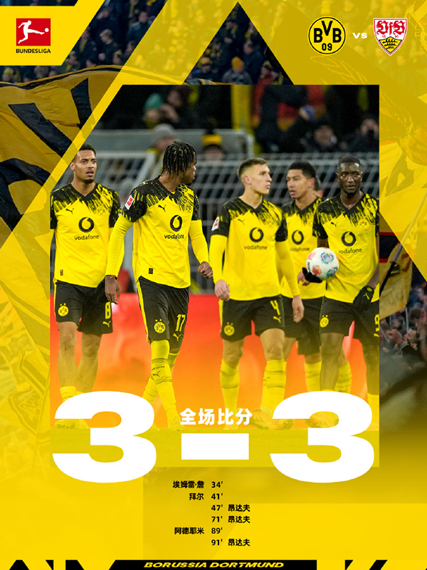 昂达夫补时绝平+戴帽 埃姆雷-詹点射 多特3-3斯图加特