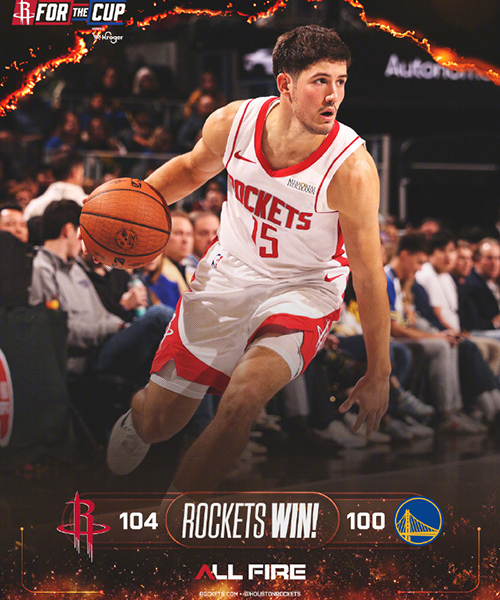 火箭104-100逆转勇士,申京16+6+6,库里14+7+5提前离场