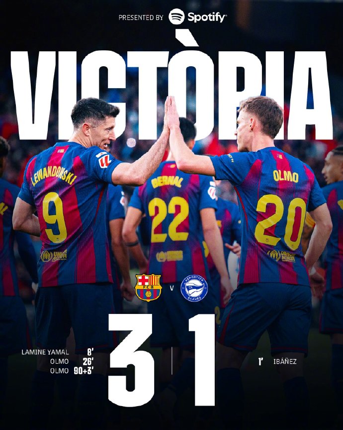 巴萨3-1逆转阿拉维斯 亚马尔抽射扳平比分 加西亚献神扑