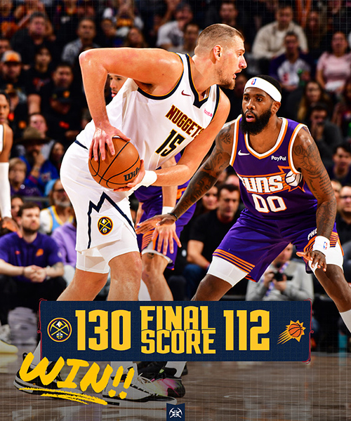 掘金双杀太阳升前四，约基奇7中7轰26+9+10，布克24分