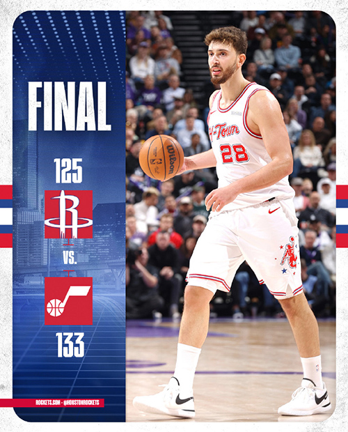 爵士133-125复仇火箭，杜兰特32+9，申京31+8+14，马尔卡宁29+8