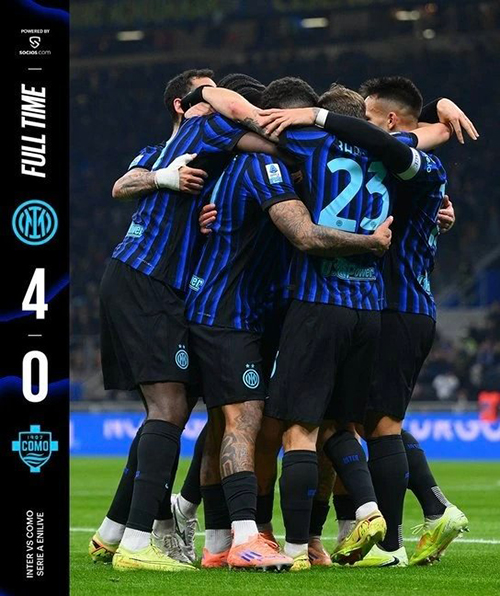 国际米兰4-0科莫 小图拉姆破门 恰尔汉奥卢远射