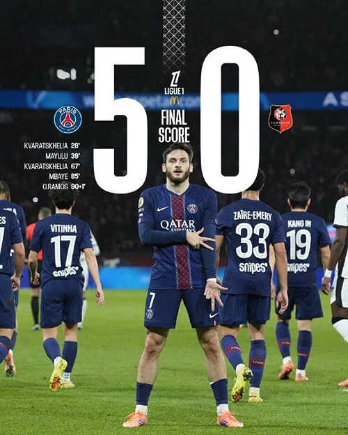 巴黎圣日耳曼5-0战胜雷恩 克瓦拉茨赫利亚上演梅开二度