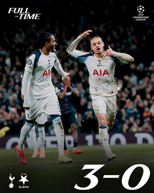 热刺3-0布拉格斯拉维亚 乌龙+库杜斯西蒙斯两点球