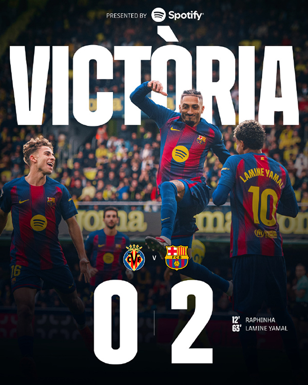 巴萨2-0十人黄潜 拉菲尼亚破门 亚马尔造红牌+进球