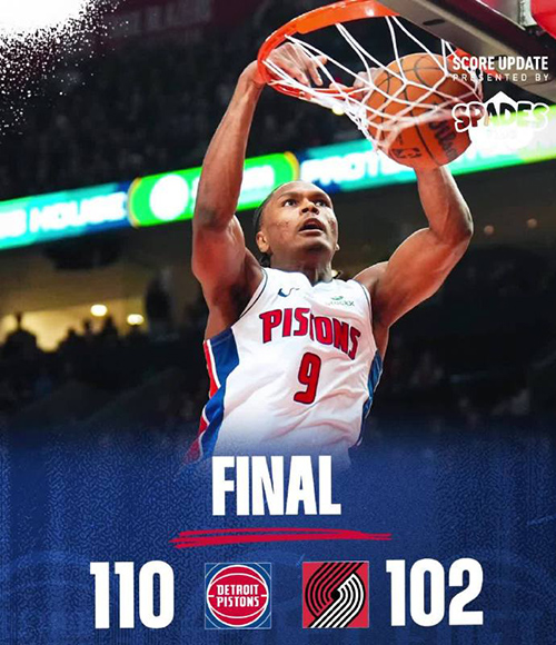 开拓者102-110不敌活塞,杨瀚森未登场,杜伦26+10