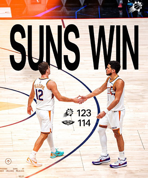 太阳123-114赢鹈鹕，约基奇34分，布克20分，锡安22分