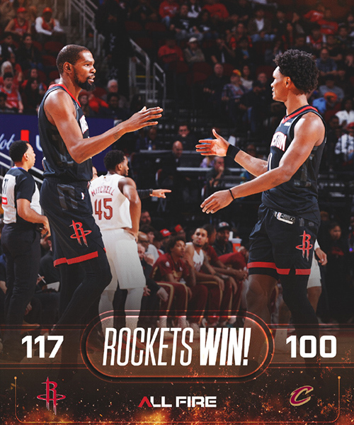 火箭领先31分大胜骑士，杜兰特30+7，谢泼德18+8，申京缺席