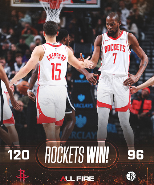 火箭120-96轻取篮网迎4连胜，阿门-汤普森23分，杜兰特22+5+11