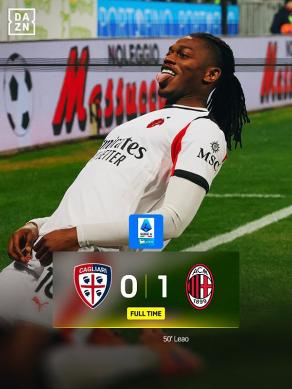 卡利亚里0-1米兰米兰两连胜 积38分以2分优势领跑 卡利亚里18分第14