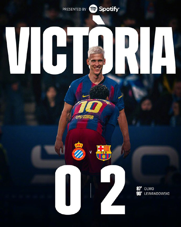 巴萨2-0西班牙人，各项赛事八连胜，先赛情况下7分领跑