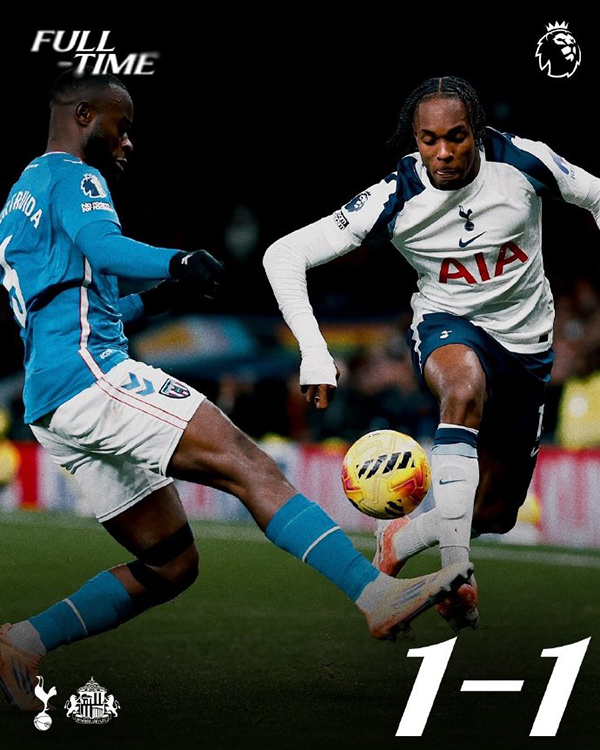 桑德兰1-1热刺 连续5轮不败 布罗比单刀破门