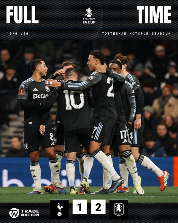 热刺1-2遭维拉淘汰 布恩迪亚首开记录 罗杰斯破门