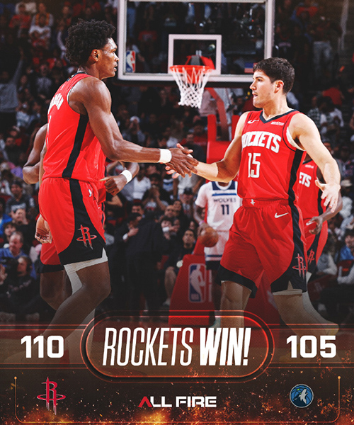 火箭110-105险胜森林狼，杜兰特39分7助攻，申京25分14板，兰德尔39分