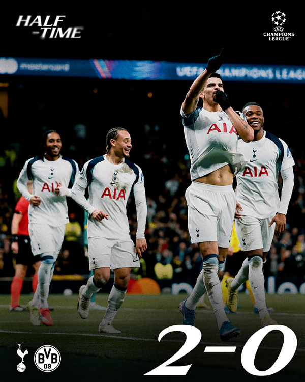 热刺主场2-0战胜十人多特蒙德 奥多贝尔两助攻 斯文松飞铲染红