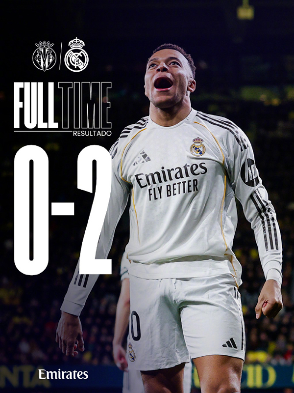 皇马客场2-0击败比利亚雷亚尔 姆巴佩梅开二度