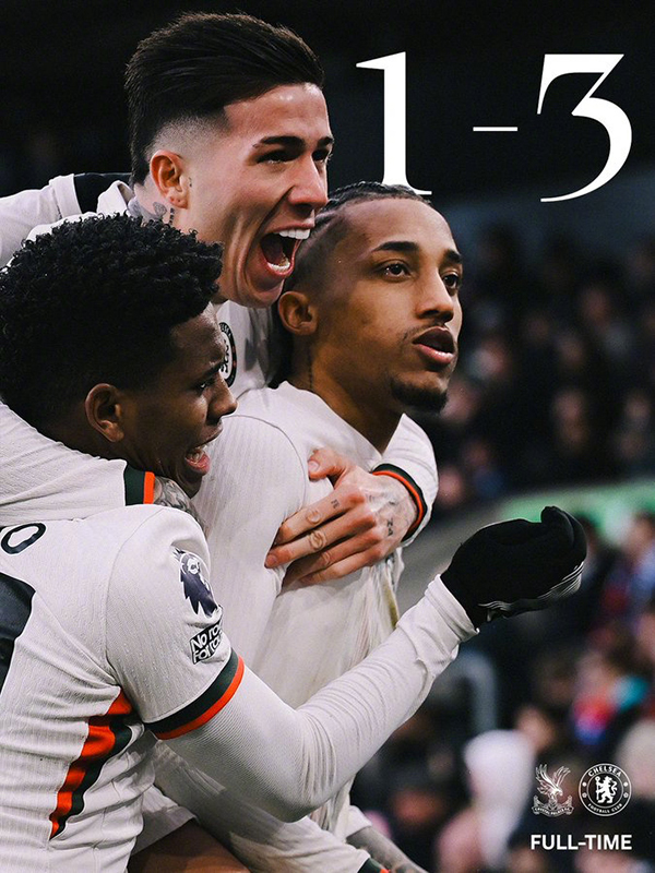 切尔西3-1送水晶宫11场不胜 埃斯特旺传射建功、恩佐点射