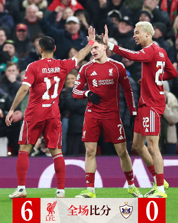 直达欧冠16强！利物浦6-0血洗卡拉巴赫 麦卡利斯特梅开二度