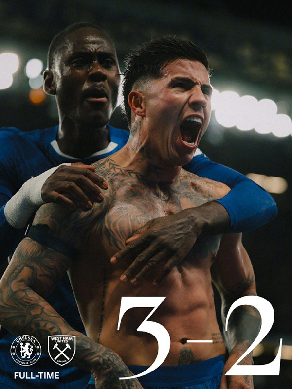 切尔西3-2西汉姆 鲍文传中变破门 吉滕斯伤退