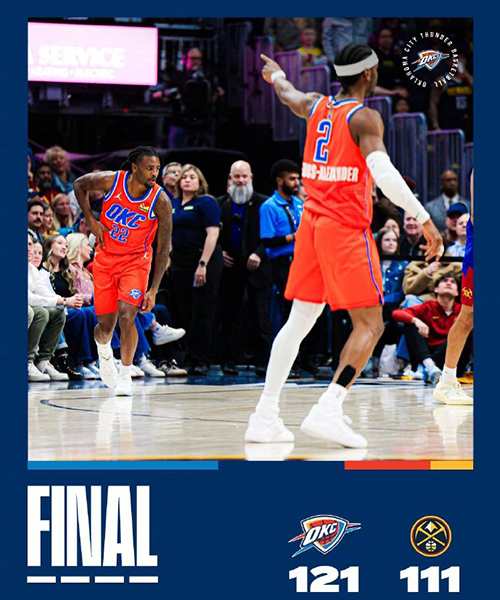 雷霆121-111力克掘金,亚历山大34+13,约基奇16+7+8