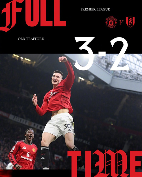 曼联3-2富勒姆三连胜升第4 B费助攻舍什科抽射完成绝杀