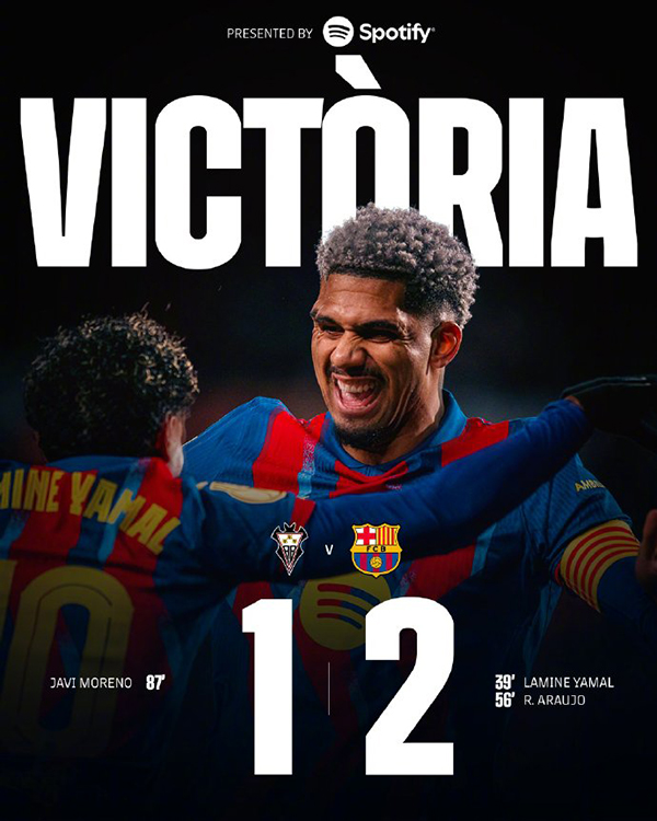 巴萨客场2比1阿尔瓦塞特 阿劳霍收获回归首球 拉什福德角球助攻