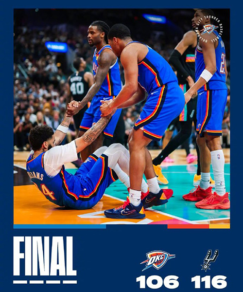 雷霆106-116惜败马刺，文班22+14，约翰逊25分