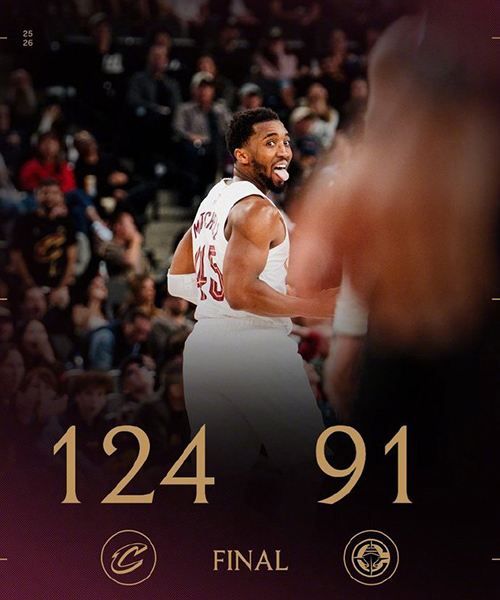 骑士124-91大胜快船，米切尔29+9，小卡25+7，哈登+加兰双双缺席